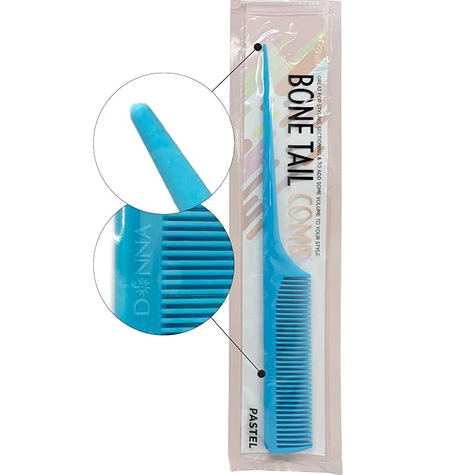 DONNA Bone Tail Comb – Assorted Color Pastel Styling Comb for Sectioning, Volume & Parting – Fine Tooth Hair Comb for Women, Men & Professionals (BLUE)