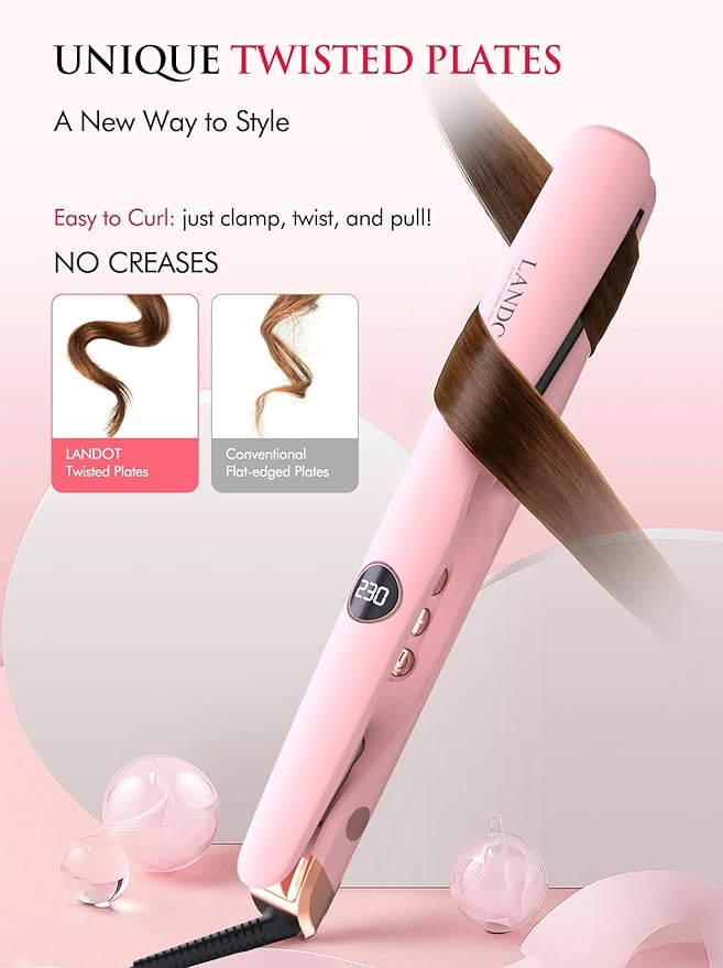 LANDOT 2-in-1 Hair Straightener and Curler - Upgrade Twist Flat Curling Iron for Sleek Straight, Bouncy Curls, Beach Waves, Tourmaline Ceramic, Dual Voltage, Adjust Temp 250-450°F for All Hair Types