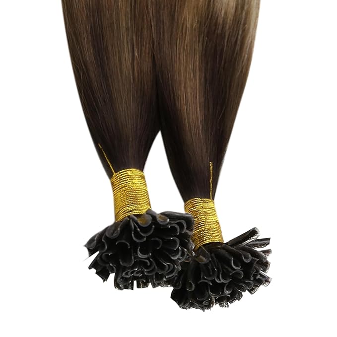 YoungSee U Tip Hair Extensions Human Hair Balayage 14In Utip Remy Hair Extensions Ombre Dark Brown to Brown with Blonde 50s/50g