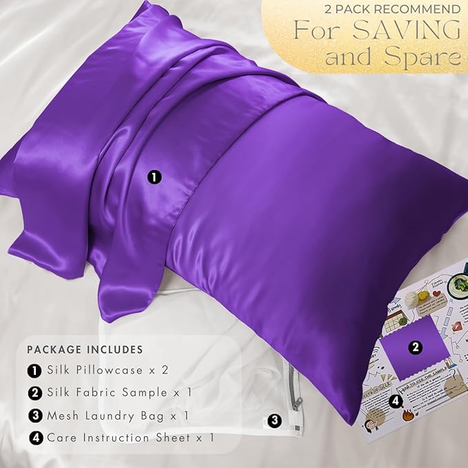 PROMEED 23 Momme Kids Silk Pillowcase 2 Pack with Laundry Bag, Natural Grade 6A+ Mulberry Silk Travel Toddler Pillow Case Set of 2, Zipper (Toddler/Travel 13"x18", Purple)