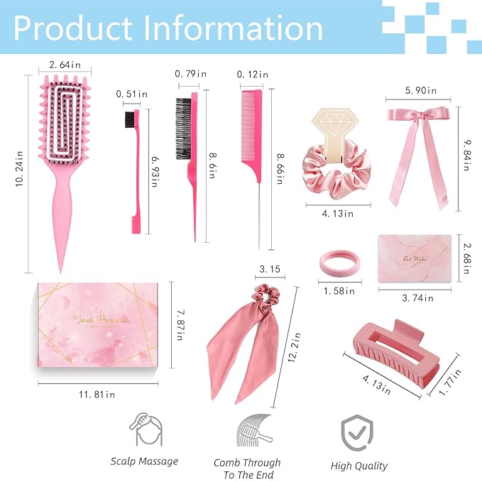Curly Hair Brush,Curl Defining Brush,Slick Back Hair Brush,Rat Tail Comb,Edge Bristle Brush,Clip Claw,Bow,Satin Scrunchies,No Damage Hair Ties,Scarf Hair Ties,Gifts For Women,Best Gift Set(Green)