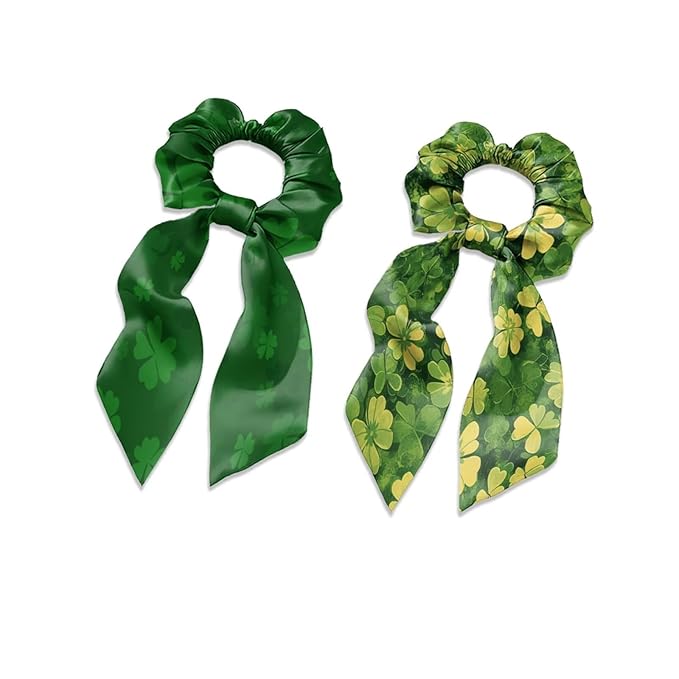 2 Pack St Patricks Green Four Leaf Hair Scarf for Women Ponytail Scrunchies Long Ribbon Scrunchies for Little Gilrs No Damage Knotted Bow