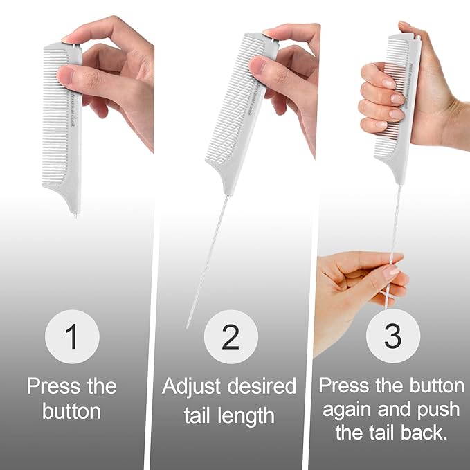 Rat Tail Combs for Parting, Protable Retractable Rat Tail Comb, Parting Combs for Hair Stylist, Fine Tooth Teasing Comb Stainless Steel Pin Tail, Easy to Carry (1 Pack-White)