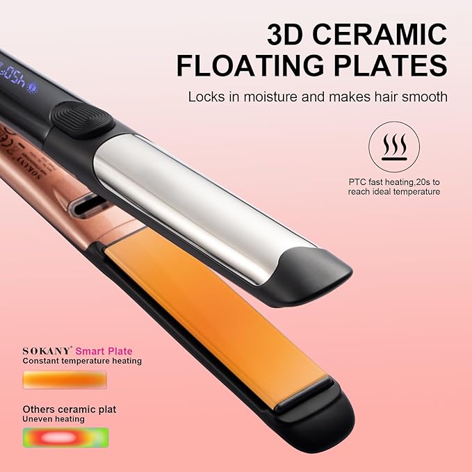 SOKANY 1 Inch Flat Iron Hair Straightener and Titanium Curler 2 in 1,Dual Voltage Smart 3D Ceramic Floating Plates Ionic Straightener,8 Temps Settings Fast Heating & Heat Protection