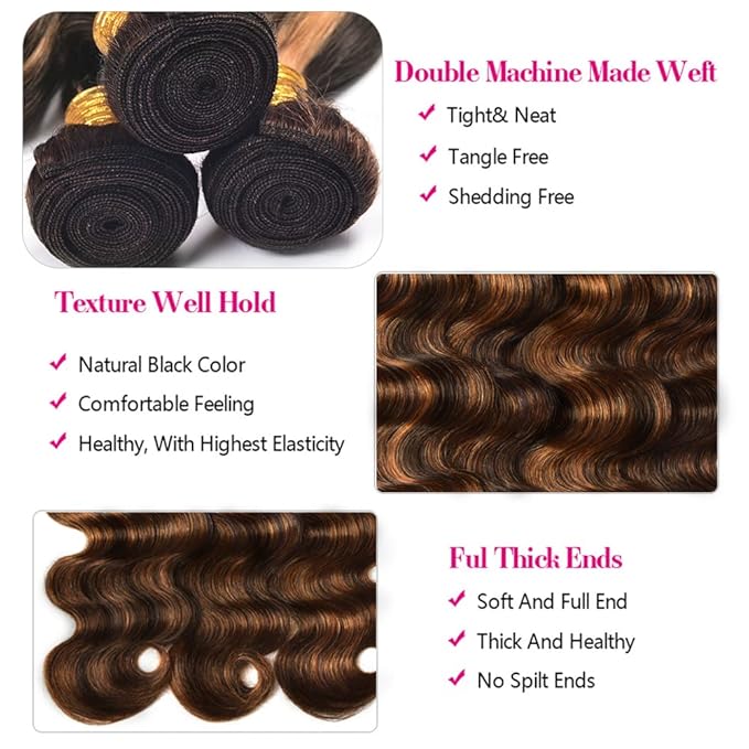 30 32 34 Inch Light Brown Body Wave Bundles Human Hair Ombre Brown Bundles Niegmeag Brazilian Virgin Remy Hair Extensions Double Weft Highlight P1B30 Body Wave Bundle Hair Weave