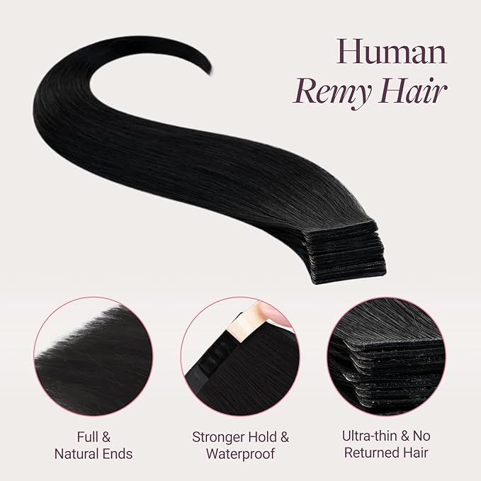 GOO GOO Genius Tape in Hair Extensions, Hand Tied Tape Weft, 1 Jet black, 16inch 50g 20pcs, Remy Human Hair, Seamless Invisible Tape, Natural Blend, Lightweight
