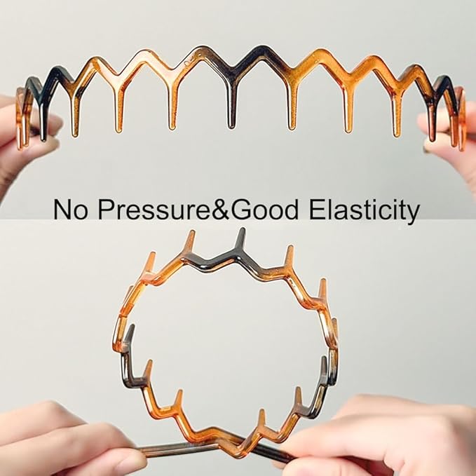 6 PCS Zig Zag Headbands Plastic Wavy Hair Head Band Comb with Teeth Hoop Accessories for Women Men Girls, Classic Black&Retro Leopard