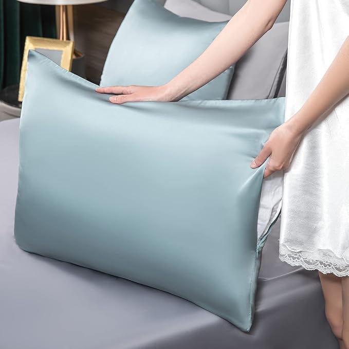 2 Pcs Mulberry Silk Pillowcase for Hair and Skin,Cooling Silk Pillow Case with Hidden Zipper,Allergen Proof Dual Sides Soft Breathable Smooth Silk Pillow Cover for Women(Queen-2PCS,Aqua Blue)