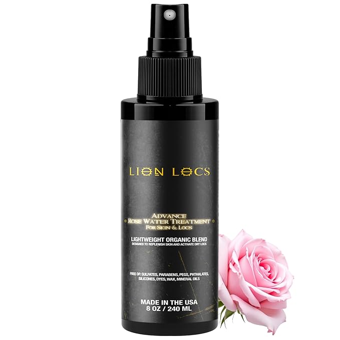 Lion Locs Rosewater Spray for Dreads, Dreadlocks, Braids, Faux Locs, Crochet Locs, Sisterlocks with Aloe, Essential Oils, Vitamins, and Glycerin | Organic Vegan Conditioner Rose Water Spritz (8 oz.)