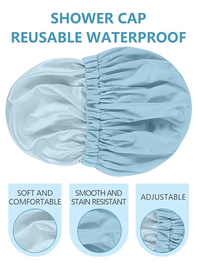 Years calm Reusable Waterproof Shower Caps for Women, Hair Caps for Showers, Double-Layer Elastic Design, for All Hairstyles, Travel-Friendly (Sky Blue)