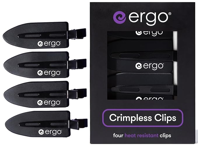 ERGO No-Crease Hair Clips – 4 Pcs Heat-Resistant Crimpless Clips for Hair Styling, Sectioning, Makeup | No Bend Clips for Women, Curls, Bangs, Salon Use
