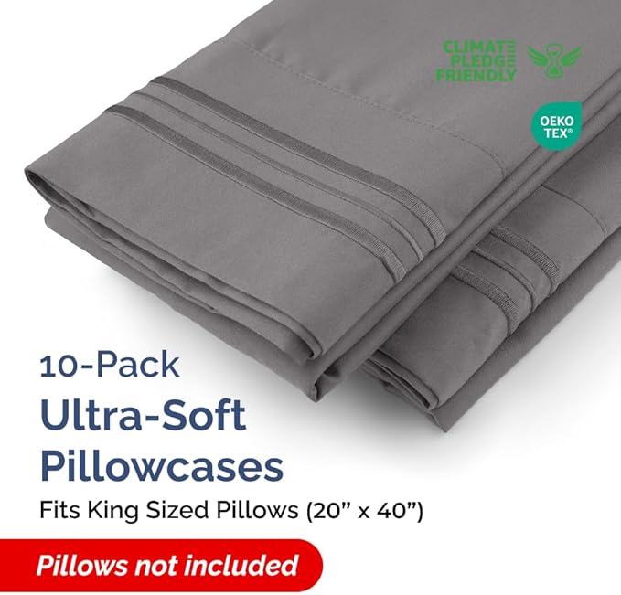 King Pillow Cases Set of 10 - Ultra Soft Hotel Quality Pillowcase Covers - Comfy. Cozy & Wrinkle Free - Shrink, Stain and Fade Resistant - Machine Washable Pillow Protectors - 10 Piece Set - Dark Grey