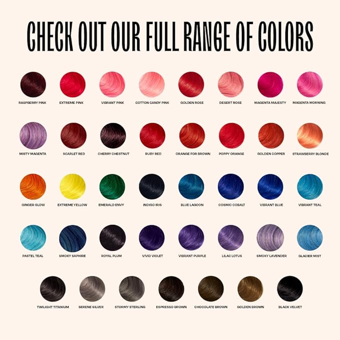 Color swatch chart with various hair color options and text 'Check out our full range of colors'.