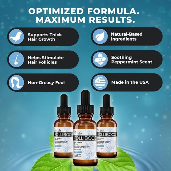 Tricho Labs Folliboost Hair Growth Serum - Natural-Based Formula w/Biotin & Peppermint Oil - Hair Care for Thicker & Fuller Hair - 2oz, 3-Pack