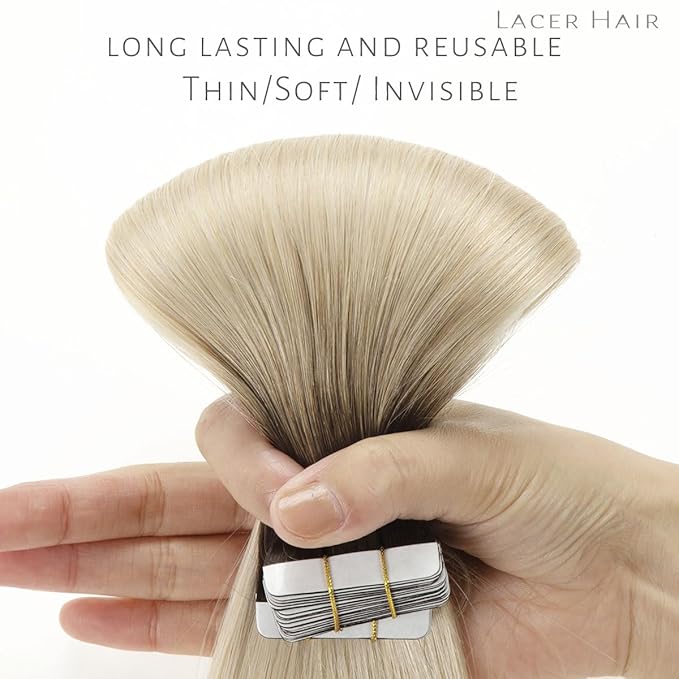 Lacer Tape in Hair Extensions Real Human Hair Rooted Darkest Brown to Platinum Blonde Invisible Human Hair Tape in Extensions Double Sided PU Weft Hair Extensions Tape in 40pcs 60g 12 Inch