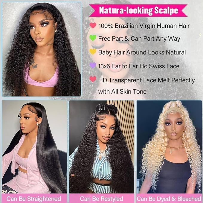 13x6 Deep Wave Lace Front Wigs Human Hair 200% Density HD Lace Front Wigs Human Hair Pre Plucked Natural Color Glueless Wig 100% Virgin Lace Front Wigs for Women（36inch）