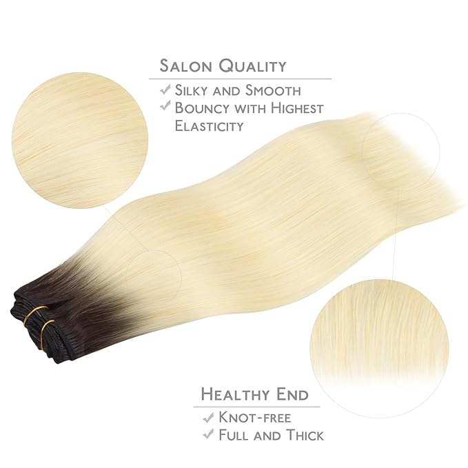 WENNALIFE Clip in Hair Extensions, 16 Inch 120g 7pcs Clip in Hair Extensions Real Human Hair, Ombre Light Dark Brown to Platinum Blonde Human Hair Remy Hair