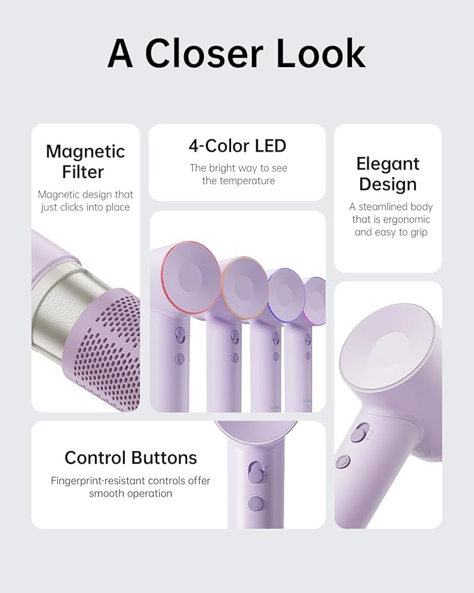 Laifen Hair Dryer SE, 200 Million Negative Ionic Blow Dryer with 105,000 RPM Brushless Motor 1400W Powerful Fast Drying High-Speed Low Noise Hairdryer with Magnetic Attachments