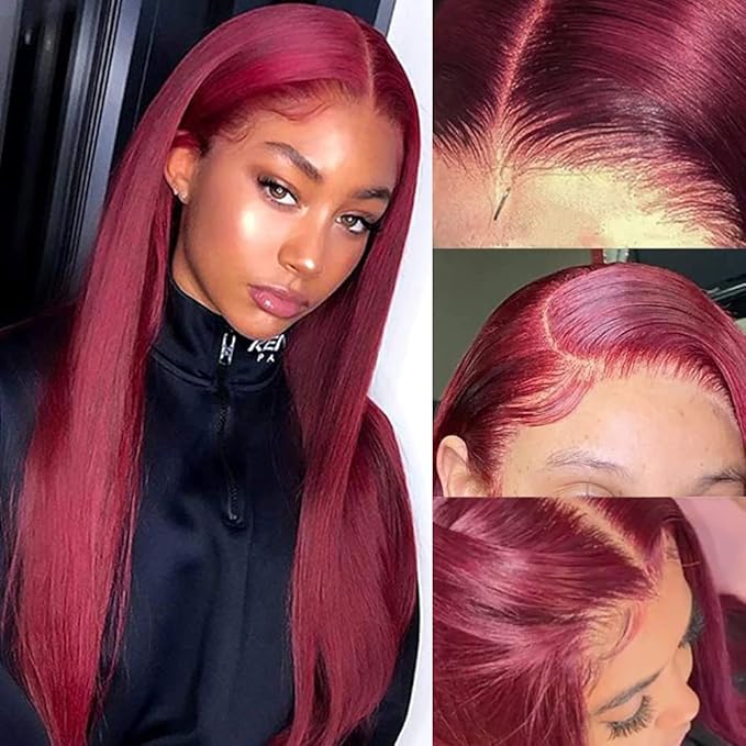 Burgundy 99J Lace Front Wigs Human Hair Pre Plucked Wine Red 13x4 Straight Lace Frontal Wig with Baby Hair for Black Women 150% Density Wig Colored Brazilian Virgin Hair Wig 14 Inch