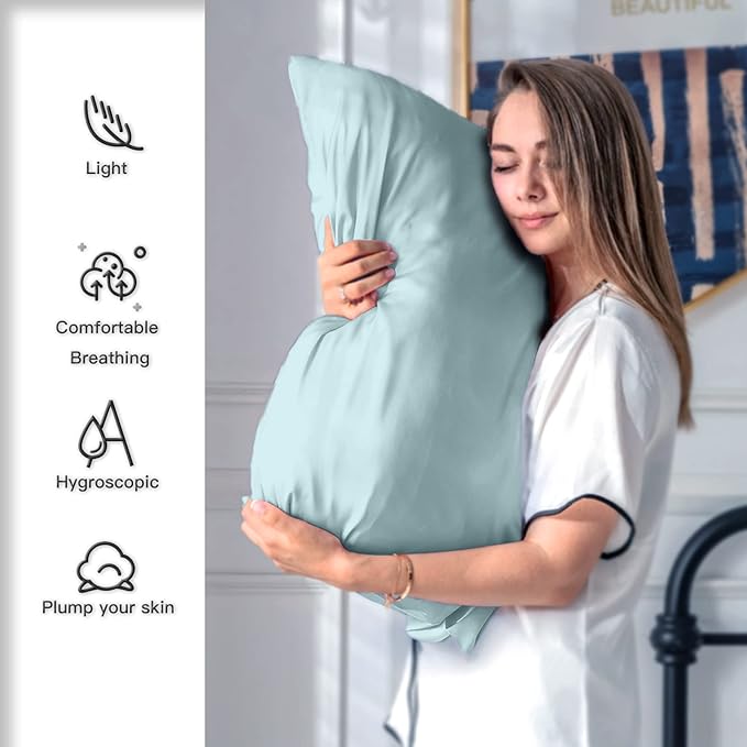 Mulberry Silk Pillowcase for Hair and Skin Pillow Case with Hidden Zipper Soft Breathable Smooth Cooling Silk Pillow Covers for Sleeping (Haze Blue, King（20"X 36"）)