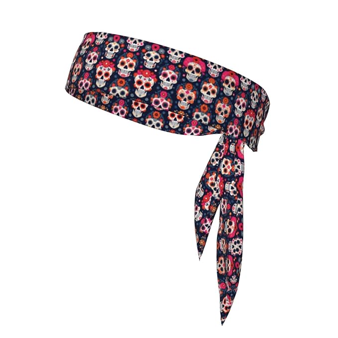 Men's Women Lovely Sports Sweat Band Hair Decor for Sports Workout Spa, Long Boho Style Day Dead Floral Rose Sugar Skull Head Ribbon Headwear