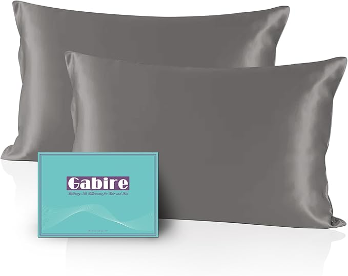 Mulberry Silk Pillow Cases Set of 2, Both Sides Real Silk Pillow Cover for Hair and Skin Cool Pillowcase Organic Silk Pillowcase 2 Pack with Hidden Zipper, Grey, Queen (20"×30")