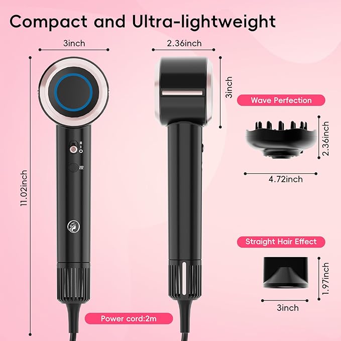 CINOSTAR Hair Dryer, Fast Drying Blow Dryer with Diffuser, with 110, 000RPM Brushless Motor&Ionic Technology No Heat Damage, Lightweight for Women and Travel, Low Noise, Black Pink