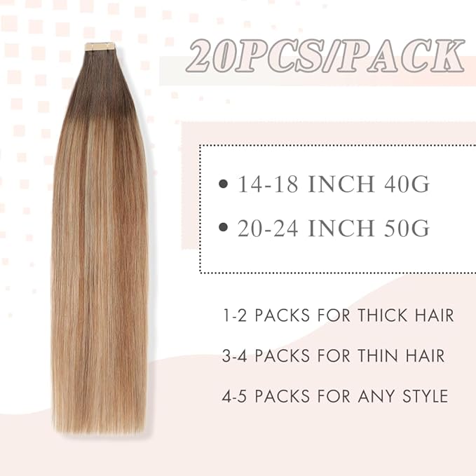 Human Hair Tape in Extensions, Chestnut Brown to Light Brown Mixed Light Blonde Hair Extensions Real Human Hair 22 Inch 20pcs Remy Straight Tape ins Invisible Tape in Hair (2/6/18K#,22 Inch)