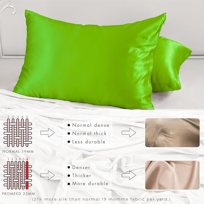 PROMEED 23 Momme Silk Pillowcase for Hair and Skin, Both Sides Upgraded Grade 6A+ Mulberry Silk Pillow Case with Zipper, Cooling Pillow Cases for Hot Sleepers (King 20"x36",Green)