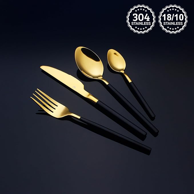 24 Piece Silverware Set For 6 Gold & Matte Black Handle Heavy duty 18/10 Stainless Steel Flatware Set Modern Design Knife/Fork/Spoon Mirror Polished Dishwasher Safe Cutlery Set with Gifts
