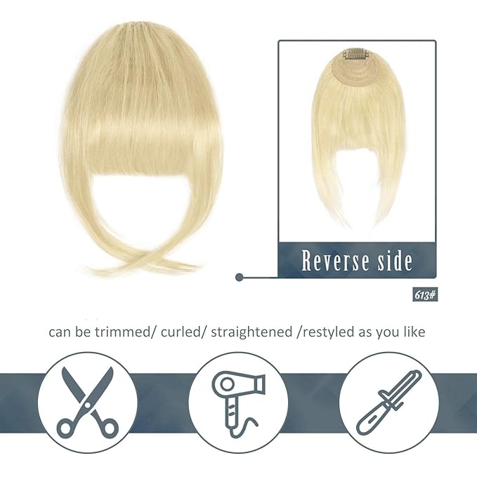 BARSDAR Real Human Hair Clip in Bangs - Human Hair Clip in Bangs for Women - Light Blonde French Bangs Extensions Fringe with Temples Dyeable Real Hair Bangs Hairpieces - Bleach Blonde