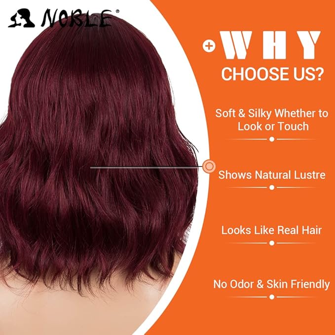 NOBLE Synthetic Ombre Burgundy Wig Short Wavy Wigs With Air Bangs Shoulder Length Wig For Women Curly Wavy Heat Resistant Synthetic Colorful BOB Wigs