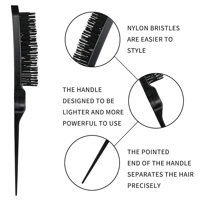 Hair Brush Set for 3a,4c,Wig/Thick/Wavy/Curly/Slick Back Hair Brushes,Rat Tail Combs,8-Row,Edge Brush,For Detangling,Braiding,Teasing,Parting,Styling,Kids,Girls,women(Black)