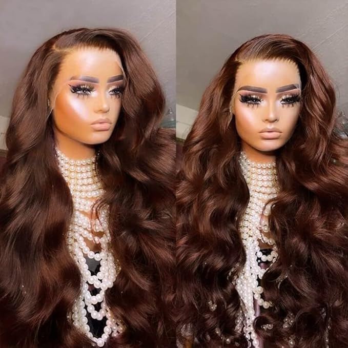 200% Density Chocolate Brown Human Hair Wigs 13x4 Body Wave Lace Front Wig Pre Plucked Chestnut Brown Colored Human Hair Wigs For Women HD Transparent Lace Front Wig 24 Inch