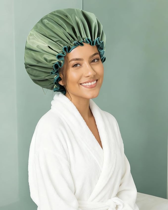 Aquior Shower Caps, Reusable Shower Cap for Women, Double Layer Waterproof Bonnet Hair Cap, Large Size for All Hair Lengths,for Girls Spa Home Salon Use(Green)