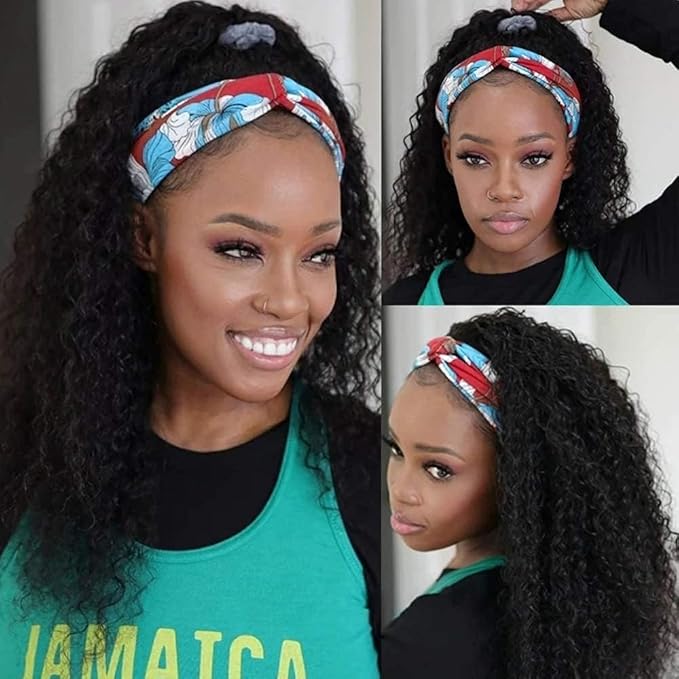 KLAIYI Headband Human Hair Wig Water Wave Curly Non Lace Front Wigs for Black Women Deep Wave Glueless Wear and Go Half Wig with Band 30S Ready to Wear Beginner Friendly 180% Natural Hairline 16Inch