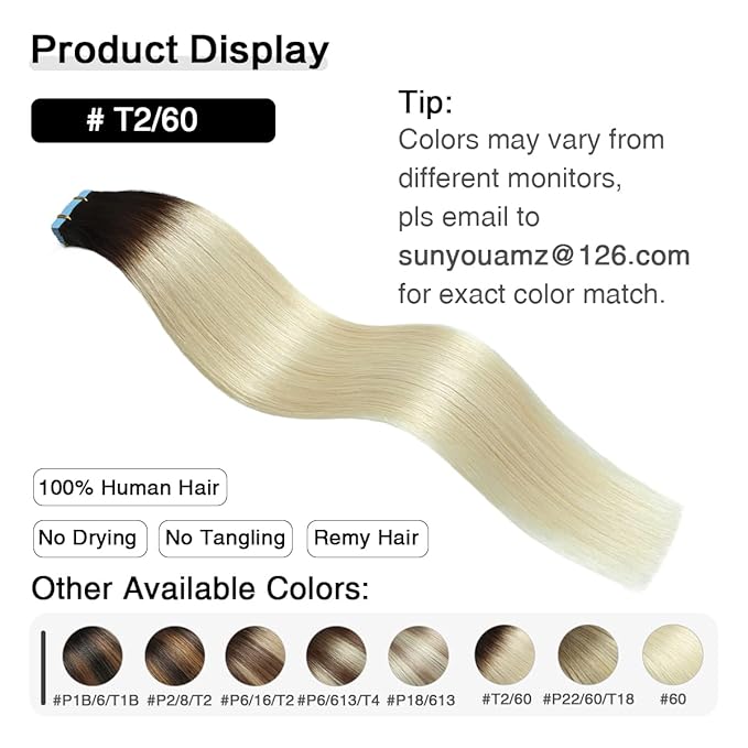 SUYYA Tape in Hair Extensions Human Hair Ombre Darkest Brown to Platinum Blonde 18 Inch 50g/pack 20pcs Straight Seamless Skin Weft Tape in Real Human Hair Extensions(18inch #T2/60)