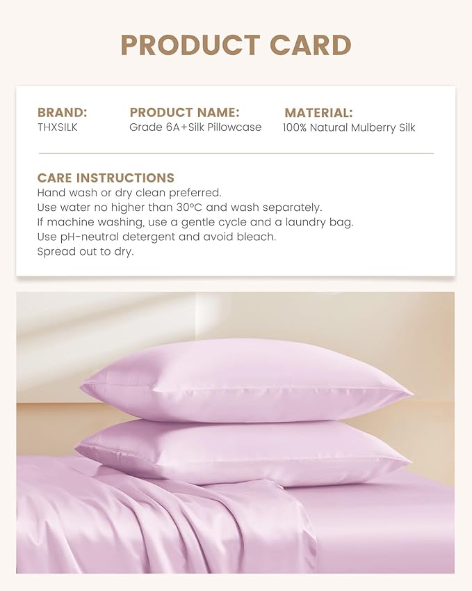 THXSILK Set of 2 100% Mulberry Silk Pillowcase for Hair and Skin Health, Soft Breathable and Smooth Pillowcases with Hidden Zipper, Both Sides Premium Grade 6A+ Silk, Standard 20"x26", Light Purple
