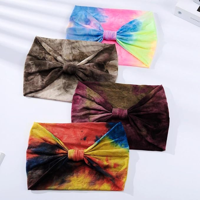Wide Headbands Stretch Turban Knotted Hairbands Elastic Yoga Workout Sweatband Running Sport Head Scarf Large African Head Wraps for Women 4 Pcs (Set E)