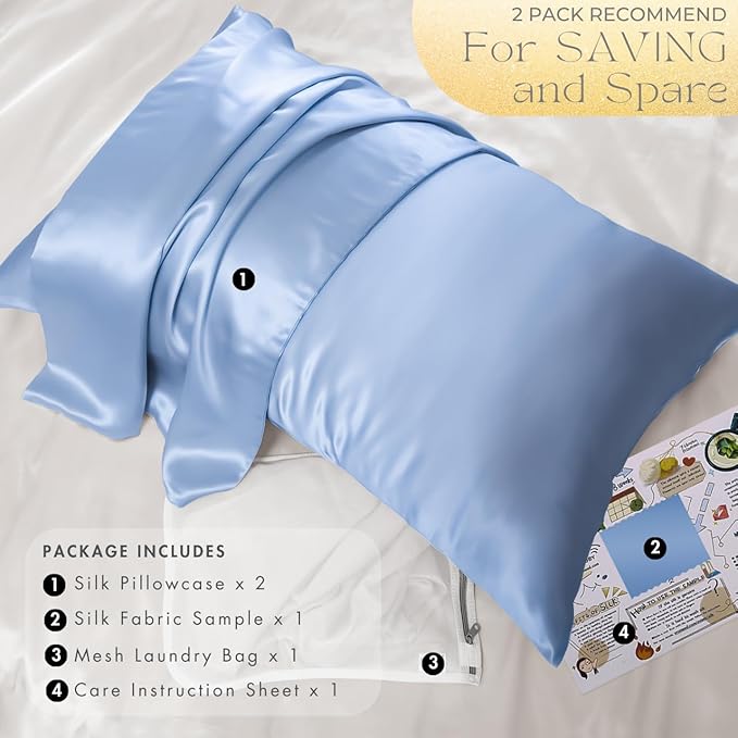 PROMEED 23 Momme Silk Pillowcase 2 Pack with Zipper, 3rd Gen Grade 6A+ 100% Mulberry Silk Pillow Case Set of 2, Cooling Pillow Cases for Hot Sleepers (King 20"x36", Light Blue)