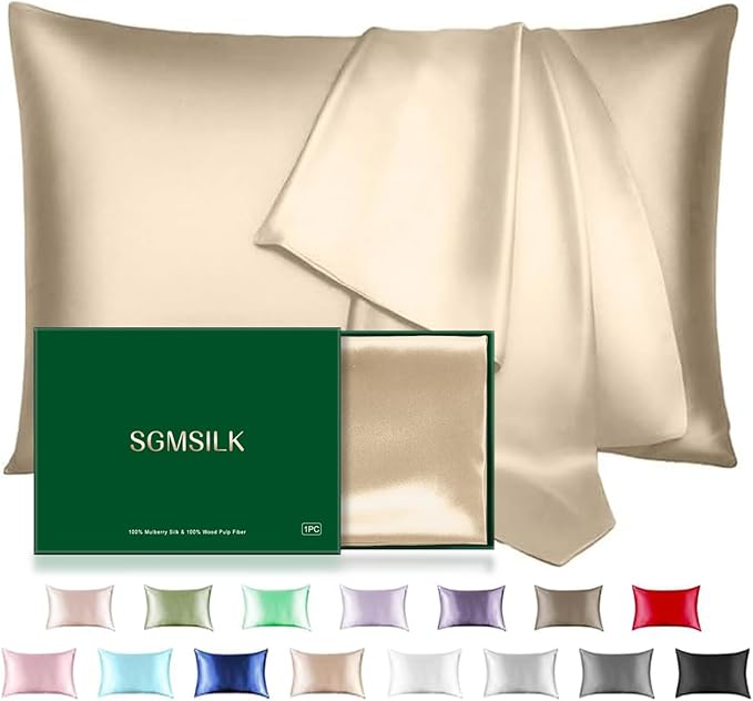 Mulberry Silk Pillowcase for Hair and Skin, SGMSILK 22 Momme Natural Silk Pillow Cases with Zipper, 6A Soft and Smooth Single Sided Pure Silk Pillow Cover (Champagne, King 20"x36")