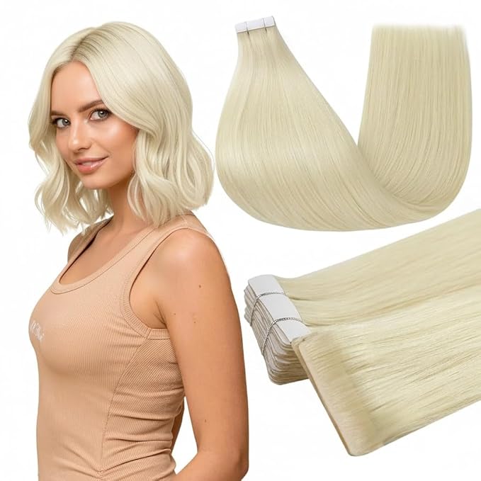Full Shine Injection Tape ins Hair Extensions Invisi Edge Color 60 Blonde Intact Machine Remy Invisible Injected Tape in Extensions Insert Human Hair for Women 14 Inch 20 Pcs 40 Grams for Wedding
