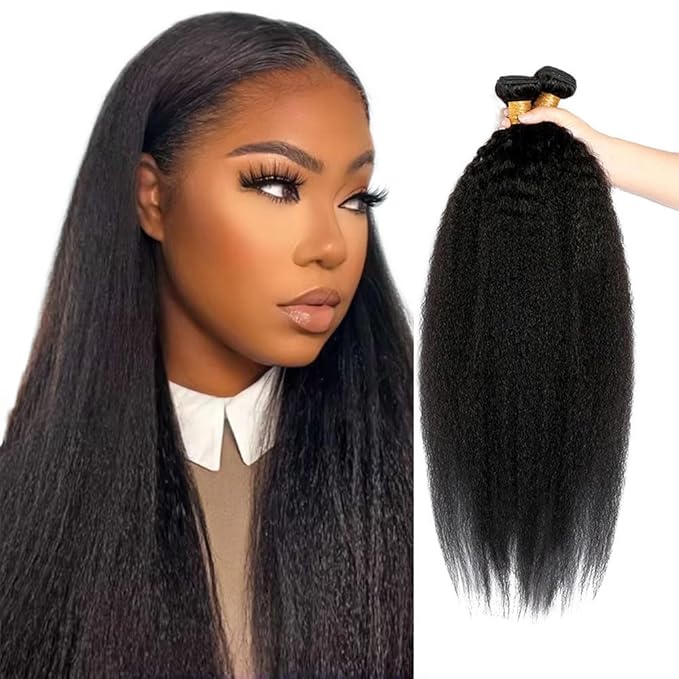 28 30 32 Inch Yaki Straight Bundles Color 1B Kinky Straight Human Hair Bundle Niegmeag Brazilian Virgin Remy Hair Extensions Double Weft Soft and Silky Natural Black Yaki Bundle 150g