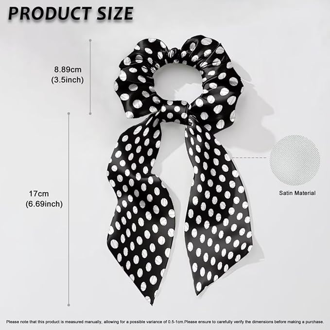 White Black Ribbon Bow Elastic Hair Ties for Women 2 Pack Polka Dot Knotted Bow for Women Travel No Damage Scarf Scrunchy for Thick Hair