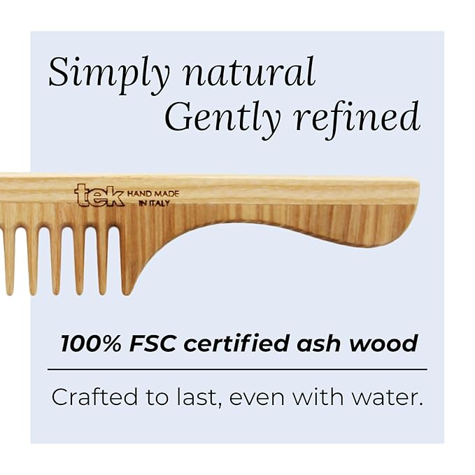TEK – Allure Award-Winning Wide Tooth Wooden Comb with Natural Ash Wood Handle, Handmade in Italy – Ideal for Gently Detangling Normal, Curly, or Wavy Hair Without Breakage – 20 x 4.5 cm