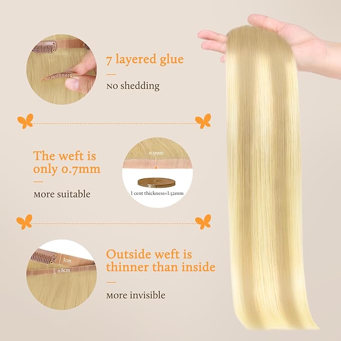 DOORES Seamless Clip-in Real Human Hair Extensions, Dirty Blonde Mixed Platinum Blonde, 110g 7pcs, 18 Inch Straight Hair, Invisi Edge