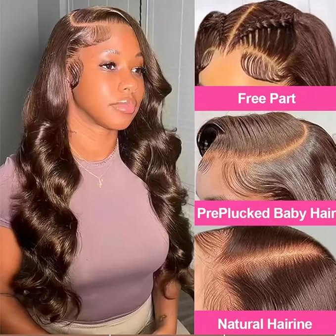 Chocolate Brown Lace Front Wigs Human Hair with Baby Hair 200 Density 13x4 Body Wave Lace Frontal Wigs Pre Plucked Hairline 4# Brown Wig 32 Inch