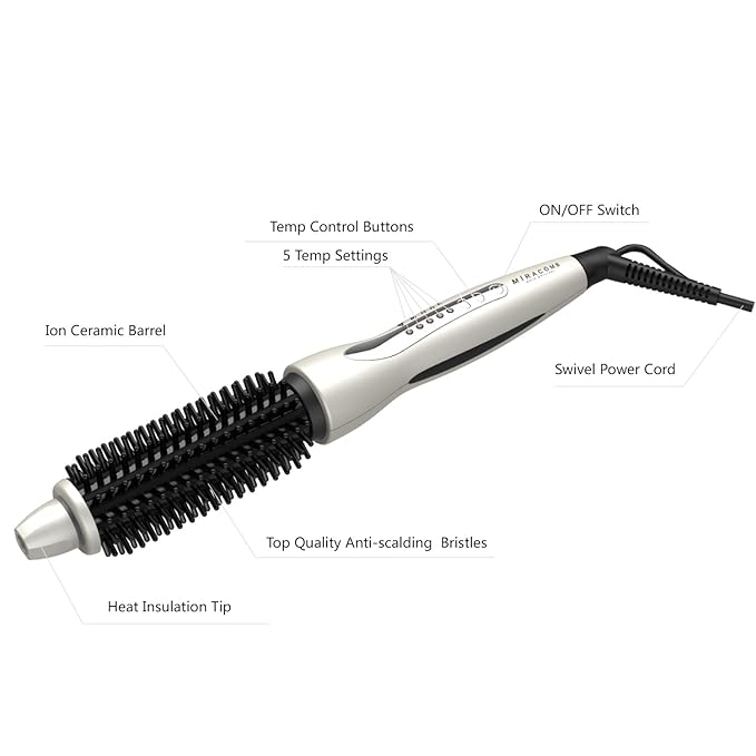 MIRACOMB Hair Curler Straightening Brush - Ceramic Tourmaline Flat Curling Iron - Cool Touch Round Brush PRO Multi Styler with 5 Heat Adjustments, 1 Inch Barrel, White (Enhanced)