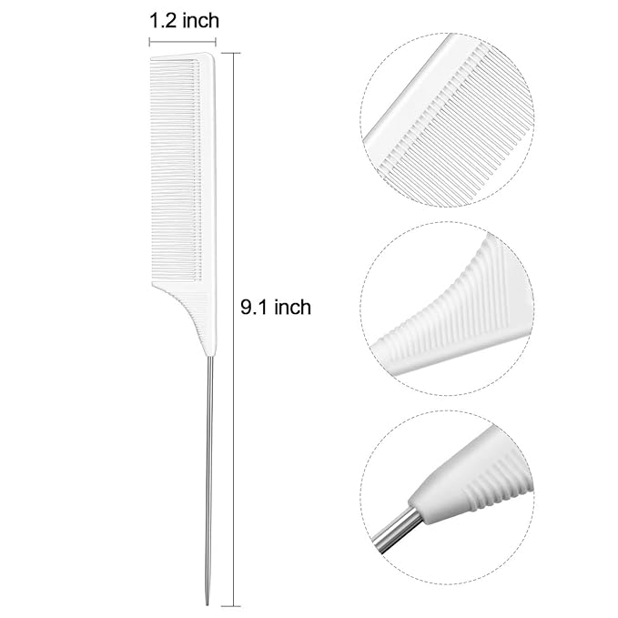 Leinuosen 3 Packs Rat Tail Comb Steel Pin Rat Tail Carbon Fiber Heat Resistant Teasing Combs with Stainless Steel Pintail (White)