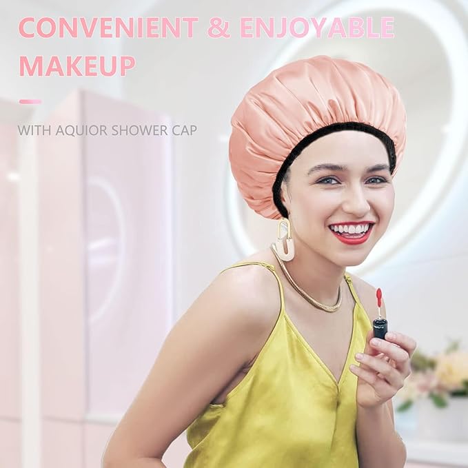 Aquior Shower Cap,Shower Cap for Women Reusable, Triple Layer Waterproof Bath Cap,Silky Satin Outer Layer Terry Lining, Extra Large for Women Long Hair(Champagne)